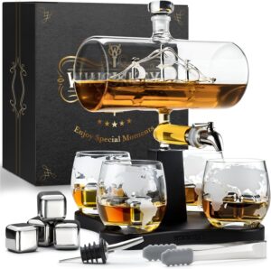 Karafka do whisky z zestawem prezentowym – 1100 ml, 4 szklanki i 4 kamienie
